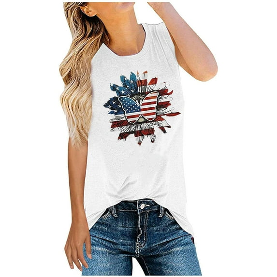 OAVQHLG3B 4th of July Outfits for Women American Flag T Shirt Patriotic Shirts Sunflower Printed Casual Summer Tank Tops Blouse