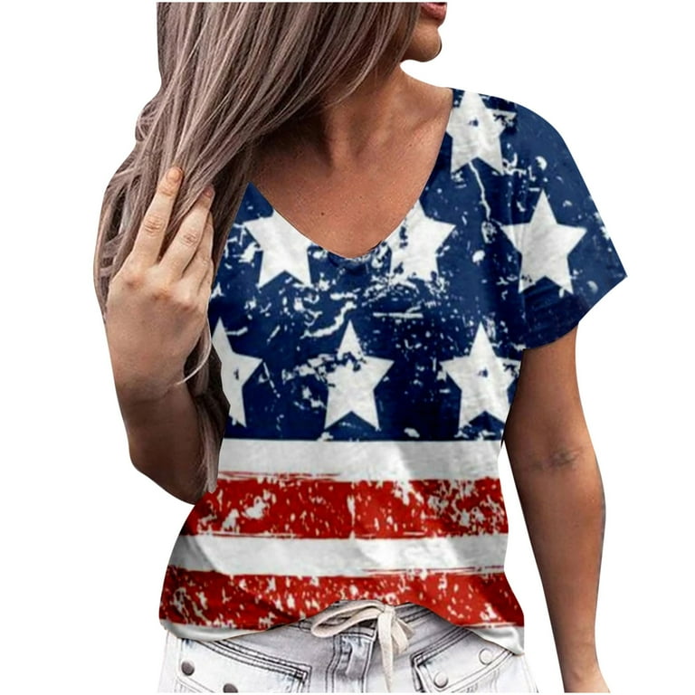 OAVQHLG3B 4th of July Outfits for Women American Flag T Shirt Summer Tops for Women Summer V Neck Short Sleeve Print Casual T shirt Blouse