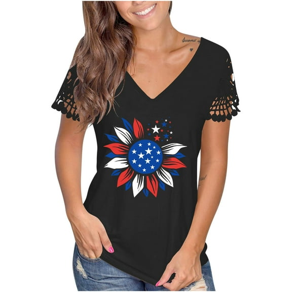 OAVQHLG3B 4th of July Outfits for Women American Flag T Shirt Summer V-neck Patriotic Shirts Printed Tops T-Shirts Casual Lace Short Sleeve Blouse