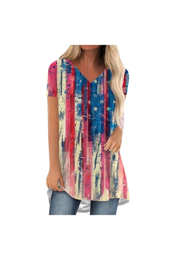 4th of July Outfits for Women American Flag T Shirt V Neck Patriotic Shirts Printing Short Sleeve Tops