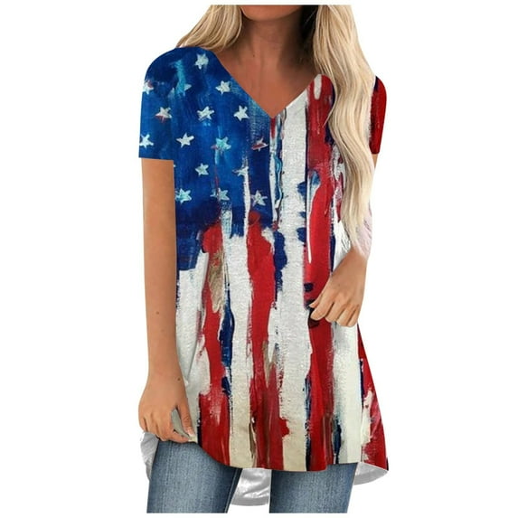 OAVQHLG3B 4th of July Outfits for Women American Flag T Shirt V Neck Patriotic Shirts Printing Short Sleeve Tops