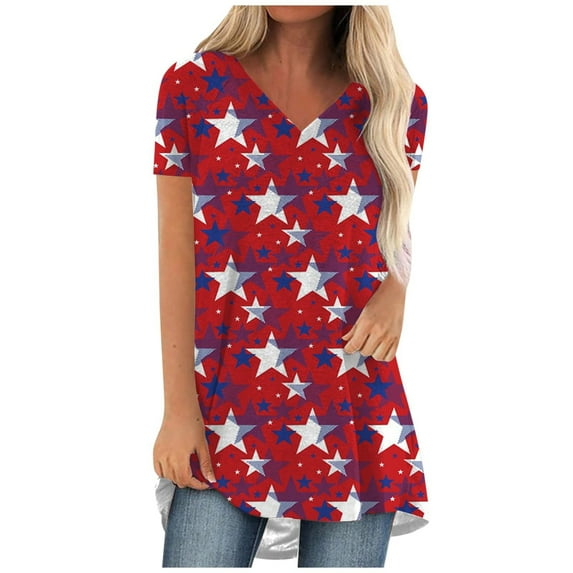OAVQHLG3B 4th of July Outfits for Women American Flag T Shirt V Neck Patriotic Shirts Printing Short Sleeve Tops