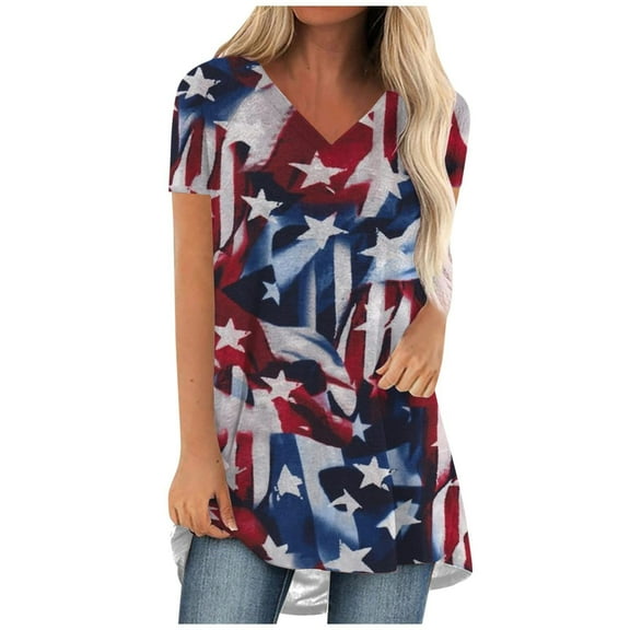 OAVQHLG3B 4th of July Outfits for Women American Flag T Shirt V Neck Patriotic Shirts Printing Short Sleeve Tops