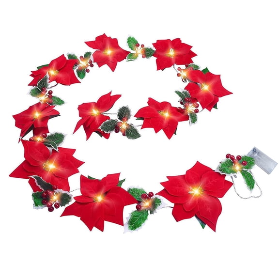 Clearance! 7 FT Christmas Poinsettia Flowers Garland Decorations, 10 LED Lighted Artificial Velvet String Lights with Red Berries, Xmas Ornaments for Indoor Outdoor Fireplace Decor