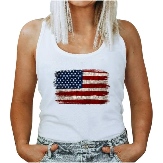 OAVQHLG3B American Flag Shirt for Women 4th of July Outfits Patriotic T-Shirts Women's Round Neck Independence Day Printing Sleeveless Casual Loose Vest Tops