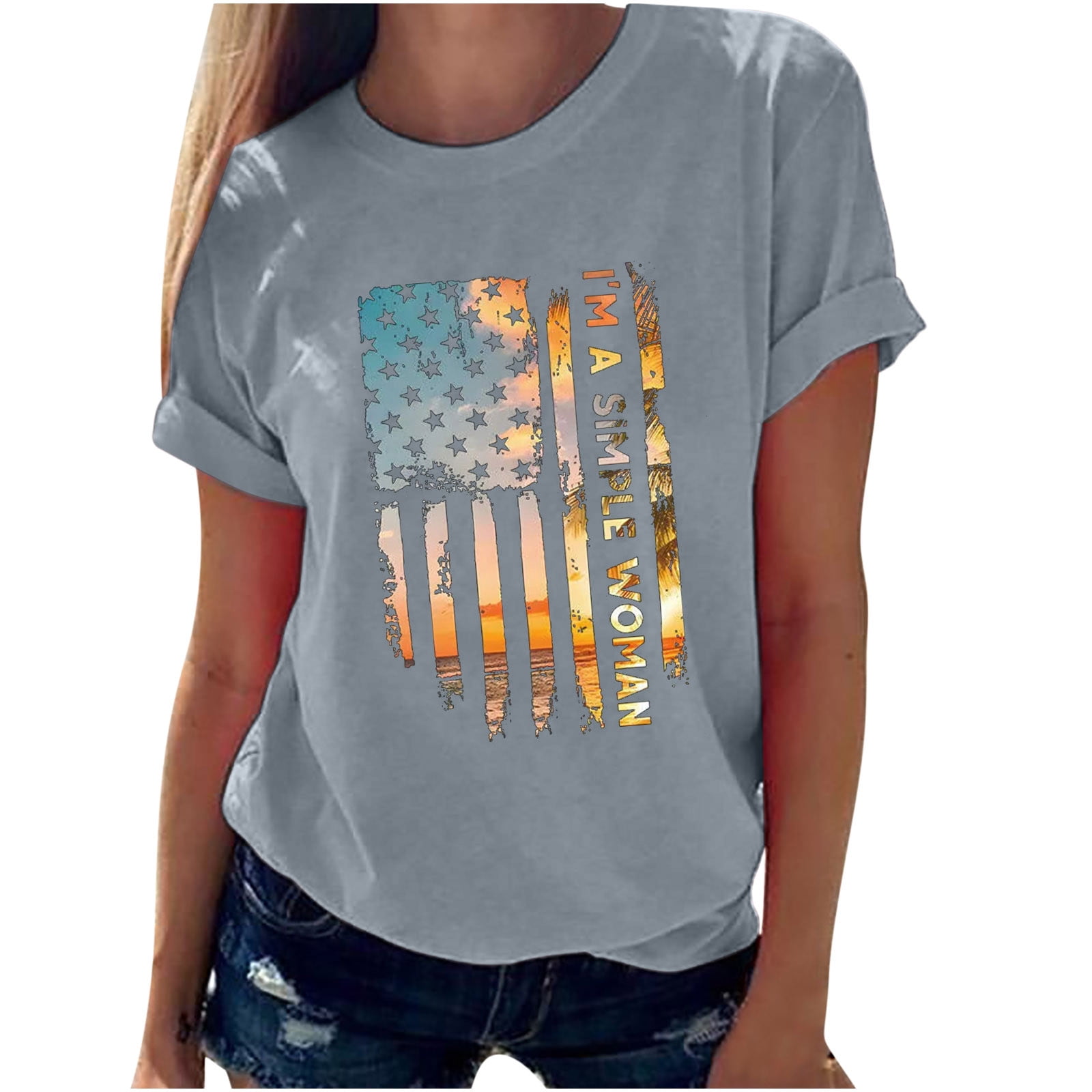 Women's American Flag Baseball T-Shirt – Patriotic 4th Of July Short Sleeve Tee, Casual Graphic Top, Gray - View #13