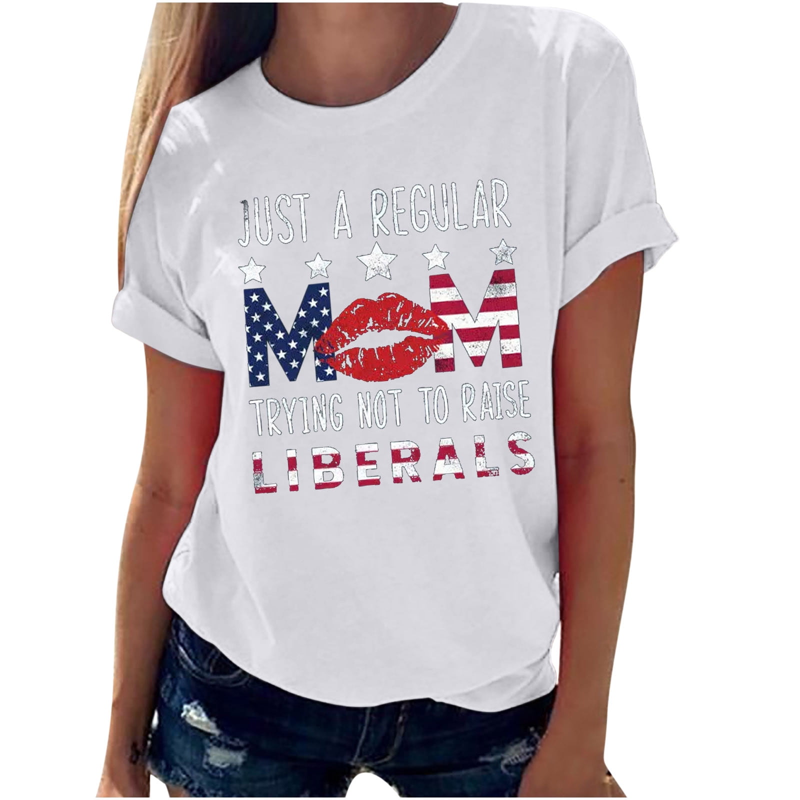 Women's American Flag Graphic T-Shirt - Funny 4th Of July Patriotic Tee, Casual Short Sleeve Top