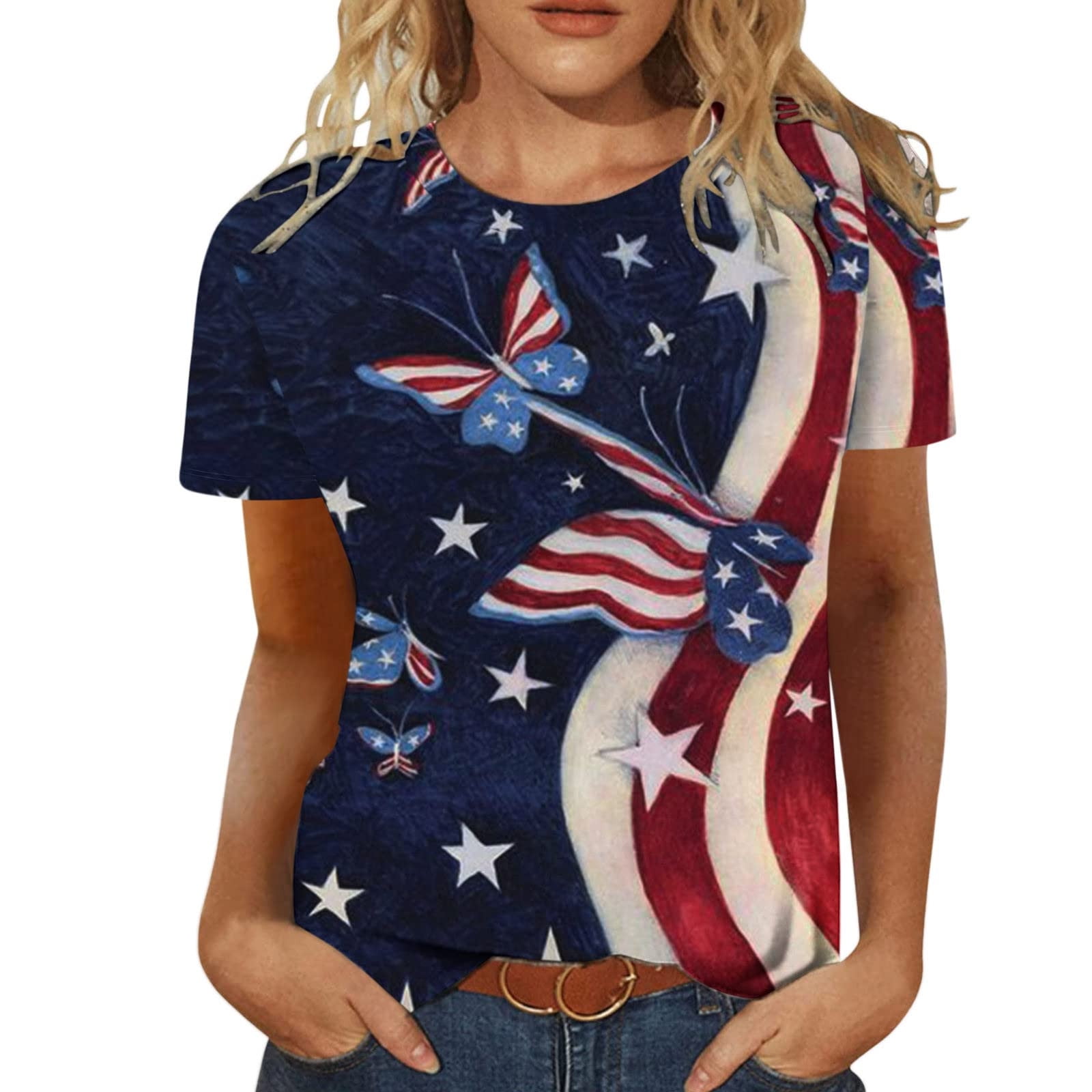 OAVQHLG3B American Flag T-Shirt for Women Summer Casual Print 4th of ...