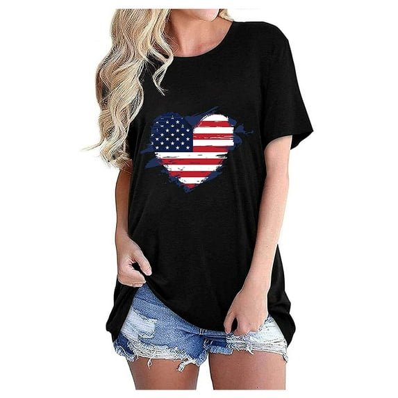 OAVQHLG3B American Flag T-Shirt for Women Summer Casual Print 4th of July Clothes Patriotic Graphic Tees Tops Casual Round Neck Loose T-shirt