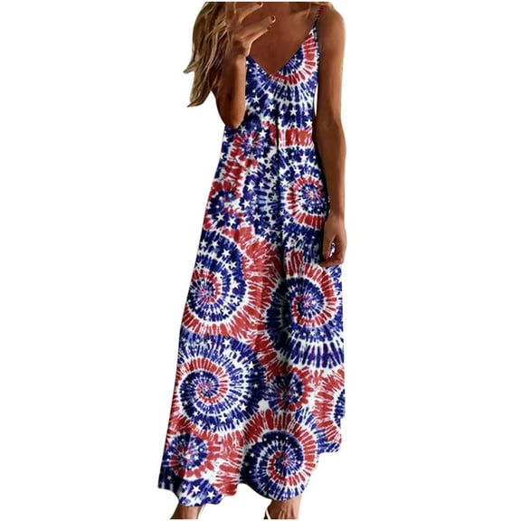 OAVQHLG3B American flagSummer Dress for Women 4th of July Outfits for Women Sling Mid-waist V-neck Sleeveless Stripe Printing Slim Beach Long Dress