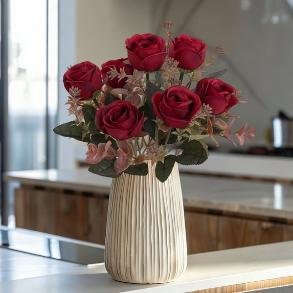 OAVQHLG3B Artificial Rose Bud Silk Flowers Bush 11.8" Long Artificial Flower Bush for Wedding Decor Home Decoration Faux Roses Decor- Fake Red Rose with Stem