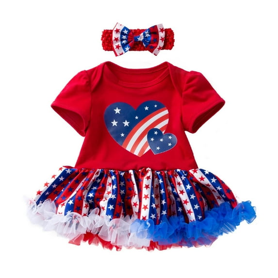 OAVQHLG3B Baby Girl 4th of July Outfit Kids Girls Romper Clothes Independence Day Jumpsuit Skirt Headband Set