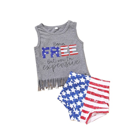 OAVQHLG3B Baby Girl 4th of July OutfitIndependence Day Festival American Flag Boy's Girl's Fringed Vest And Shorts Bow Suit
