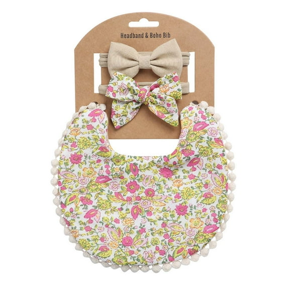OAVQHLG3B Baby Girls Plaid Print Bibs Set Cute Linen Cotton Double Sided Saliva Headband Set 1 Bib Wipe 2 Bow Tiara