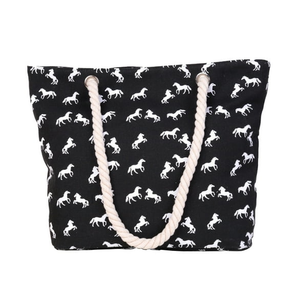 OAVQHLG3B Beach Bag White Print Horse Pattern Summer Large Beach Tote Bag Travel Canvas Handbag Zipper Closure Shoulder Bag