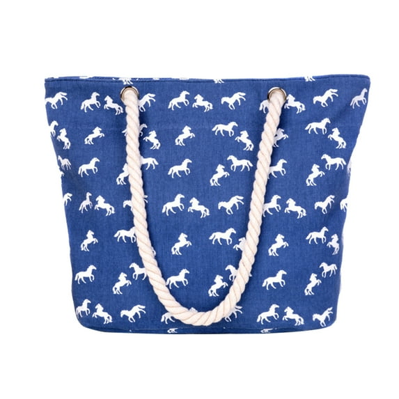 OAVQHLG3B Beach Bag White Print Horse Pattern Summer Large Beach Tote Bag Travel Canvas Handbag Zipper Closure Shoulder Bag