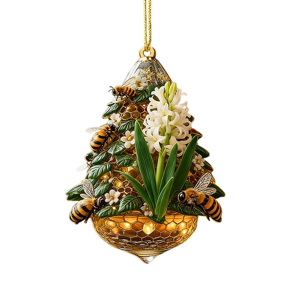 OAVQHLG3B Bee Christmas Ornament, 2D Acrylic Honeycomb Christmas Tree Decor with Bee Design, Rustic Farmhouse Style Ornaments for Christmas Decorations, Bee Lover Gift for Home & Office