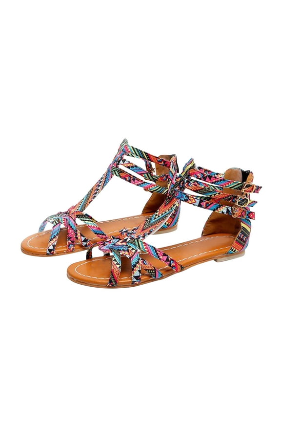 Womens Sandals Bohemian Ethnic Print Resort Shoes Women Summer Clip-Toe Shoes Zipper Comfy Flats Casual Beach Sandals