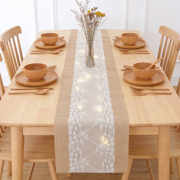 OAVQHLG3B Burlaps Table Runner With LED Light String Lace Table Runner Tabletop Decoration Christmas Thanksgiving Holiday Party Table Runner