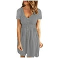 thumbnail image 1 of OAVQHLG3B Buttons Solid Color V-Neck Dress for Women Short Sleeve Loose Mini Summer Dress Beach Dress 2022 Vestidos Vestir, 1 of 5