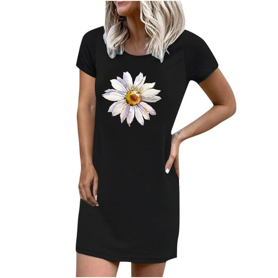OAVQHLG3B Casual Daisy Crewneck Dress for Women Short Sleeve Mini Straight Dresses Beach Cute Dress Summer Women Vestidos Vestir