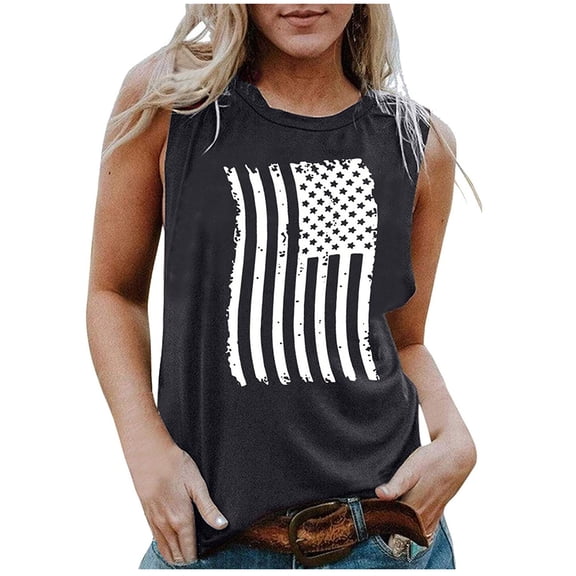 OAVQHLG3B Casual Summer Tank Top for Women 4th of July Outfits for Women O-Neck Sleeveless American Flag Flag Print Tank Tops Shirts