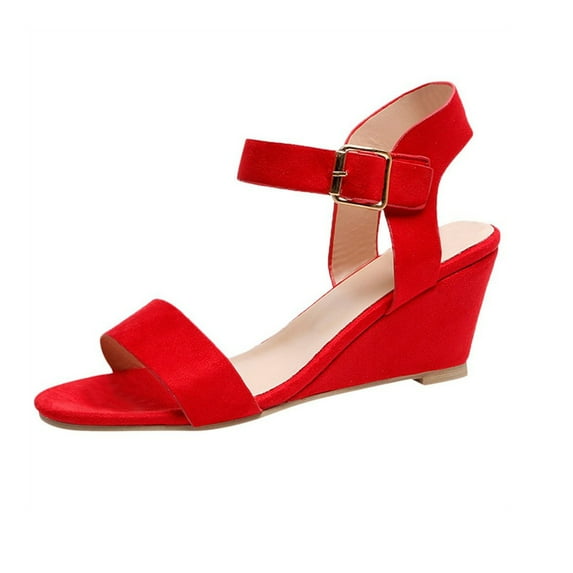 OAVQHLG3B Black Wedge Sandals for Women Women's Solid Color Round Toe Wedge Heel Buckle Suede Low Top Sandals Shoes