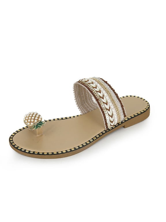 Dress Sandals for Women Pineapple Pearl Rhinestone Thong Outside Wear Seaside Flat Beach Shoes Roman Slippers
