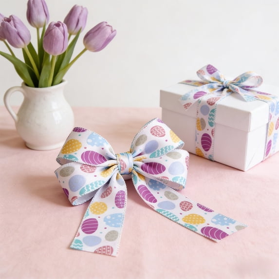 OAVQHLG3B Easter Decorative Wired Ribbons 2.5 Yards Bunny Egg Wired Edge Polyester Ribbon DIY Assorted Fabric Ribbons for Wreaths, Present Wrapping, Bow Decoration