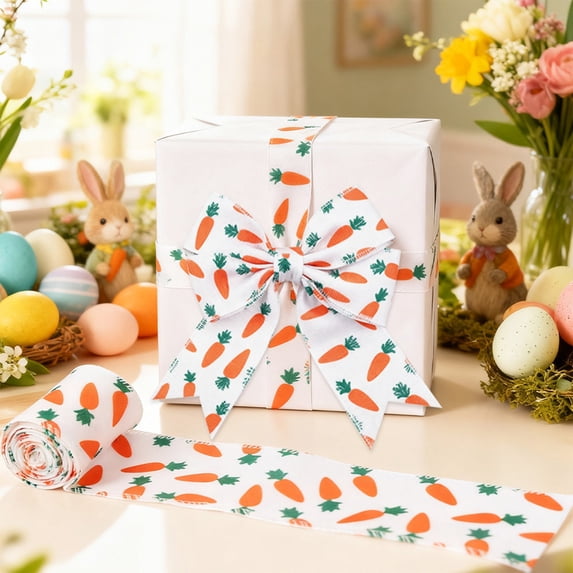 OAVQHLG3B Easter Decorative Wired Ribbons 2.5 Yards Bunny Egg Wired Edge Polyester Ribbon DIY Assorted Fabric Ribbons for Wreaths, Present Wrapping, Bow Decoration