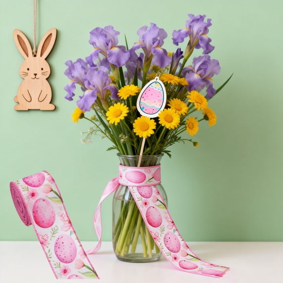 OAVQHLG3B Easter Ribbon Wired 4.9 Yards, Floral and Bunny Easter Ribbon with Plaid for Crafts Spring Wreath Gift Wrapping Bow Decoration