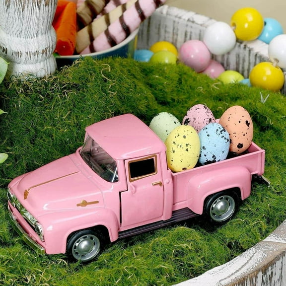 OAVQHLG3B Easter Truck with Eggs Metal Pink Vintage Farm Pickup Farmhouse Tabletop Tiered Tray Decor Home Kitchen Mantel Shelf Happy Spring Mini Diecast Truck Decorations