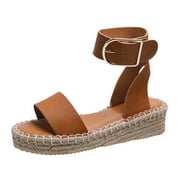 OAVQHLG3B Dress Sandals for Women Summer Ladies Shoes Slope Heel Thick Soled Straw Woven Metal Buckle Womens Sandals