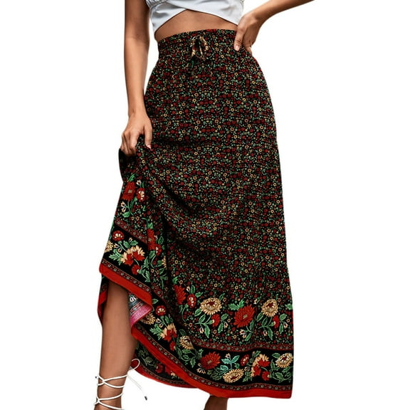 OAVQHLG3B Fashion Womens Maxi Skirt Retro Floral Print Casual Lace-up Loose Pleated Summer Bohemian Elastic Waist Long Skirts
