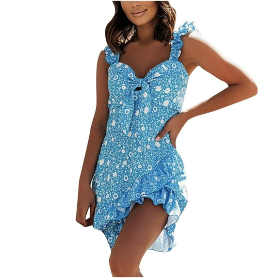 OAVQHLG3B Floral V-Neck Ruffles Dress for Women Slim Mini Sleeveless Dresses Cute Dress Women Summer 2022 Vestidos Vestir