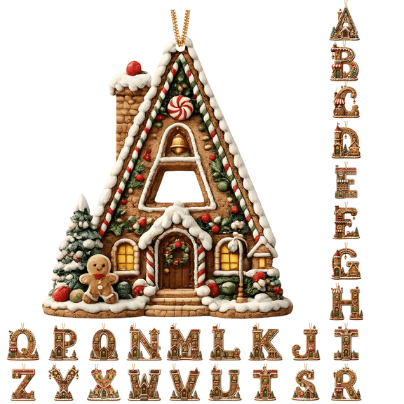 OAVQHLG3B Gingerbread House Initial Christmas Ornament, Acrylic Letter A Hanging Pendant, Festive Gingerbread House Letter Xmas Tree Holiday Decor, 3.1 Inch