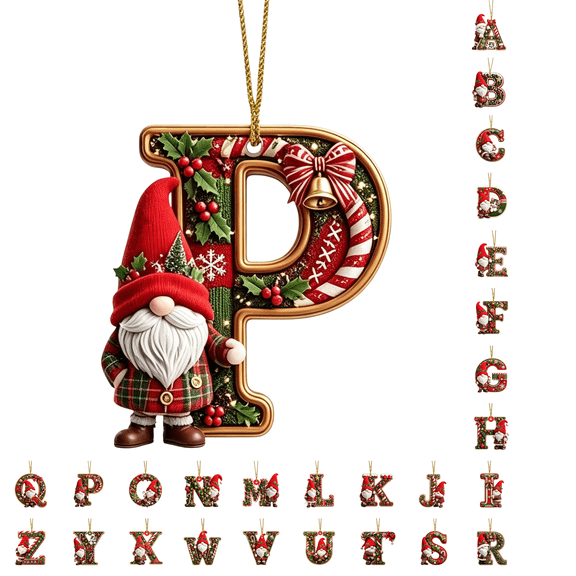 OAVQHLG3B Personalized Christmas Initial Ornament, Cute Gnome Kitten Letter Pendant, 2D Flat Acrylic Monogram Tree Car Mirror Decor