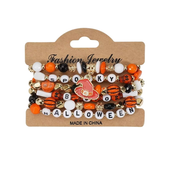 OAVQHLG3B Halloween Bracelets for Women Pumpkin Skull Ghosts Stretchy Beaded Bracelets Spooky Skeleton Bat Cat Stackable Bracelet Bracelet