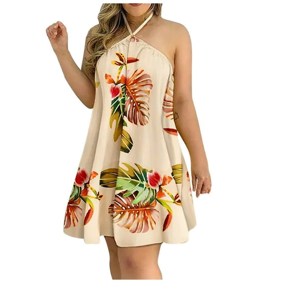 OAVQHLG3B Halter Neck Leaves Dress for Women Mini Swing Sleeveless Dresses Fashion Dress Women Summer 2022 Vestidos Vestir