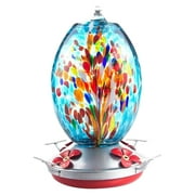 OAVQHLG3B Hummingbird Feeder for Outdoors Patio,Large 32 Ounces Colorful Hand Blown Glass Hummingbird Feeder with Ant Moat Hanging Hook,Rope,Brush