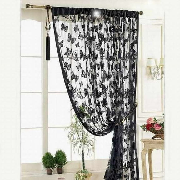 OAVQHLG3B Lace Sheer Curtain, Butter Embroidery Print Curtains, Flat Tassel Ribbon Curtain Window Panel 39 x 78 inch Rod Pocket Voile Curtains for Living and Bedroom Divider Wall Decorations