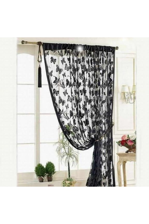 Lace Sheer Curtain, Butter Embroidery Print Curtains, Flat Tassel Ribbon Curtain Window Panel 39 x 78 inch Rod Pocket Voile Curtains for Living and Bedroom Divider Wall Decorations