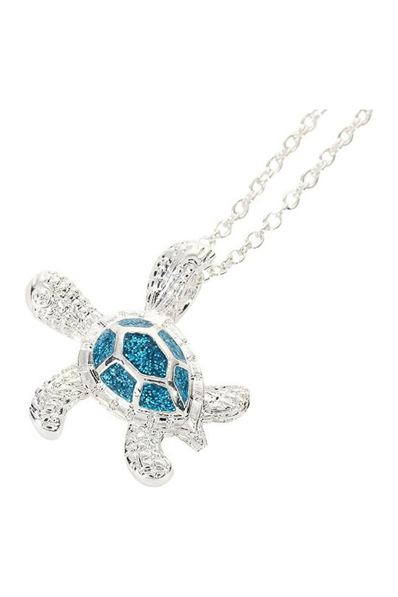Necklace for Women Silver Turtle Necklace Pendant with Simulated Blue Opal Flower 18 Sea Turtle Necklace