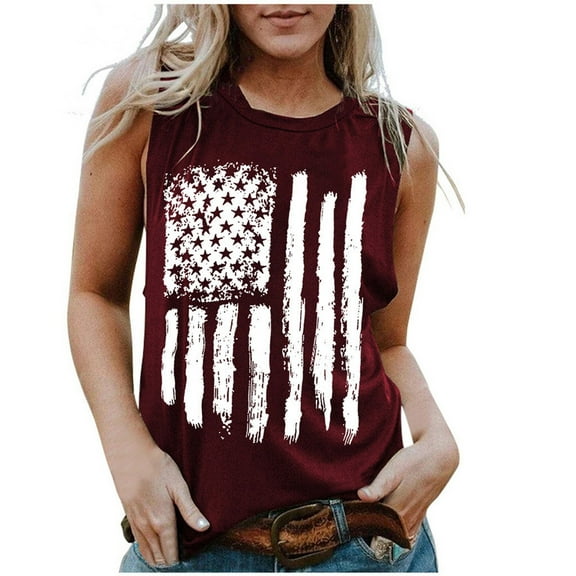 OAVQHLG3B Patriotic Shirts 4th of July Outfits for Women American Flag T Shirt Summer Tops for Women Casual Loose Round Neck Sleeveless Tank Tops