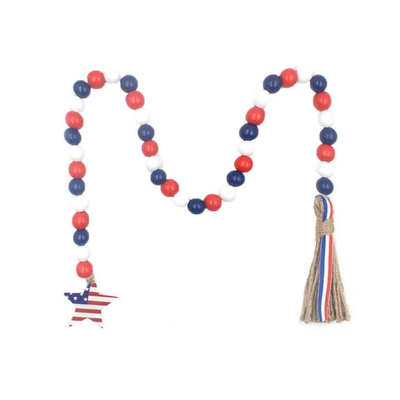 OAVQHLG3B Patriotic Wood Bead Garland 4th of July American Wooden Beads String Tassel,Farmhouse Rustic Hanging Bead Garland for Memorial Independence Day Tiered Tray Wall Decor Gift