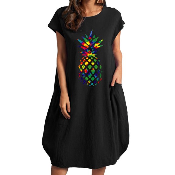OAVQHLG3B Pineapple Pocket Crewneck Dress for Women Straight Short Sleeve Midi Dresses Beach Dress Summer Women Vestidos Vestir