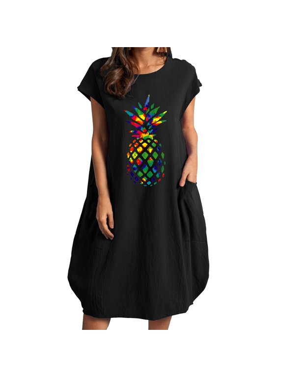 Pineapple Pocket Crewneck Dress for Women Straight Short Sleeve Midi Dresses Beach Dress Summer Women Vestidos Vestir