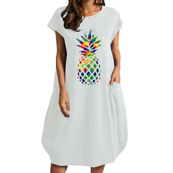 OAVQHLG3B Pineapple Pocket Crewneck Dress for Women Straight Short Sleeve Midi Dresses Beach Dress Summer Women Vestidos Vestir