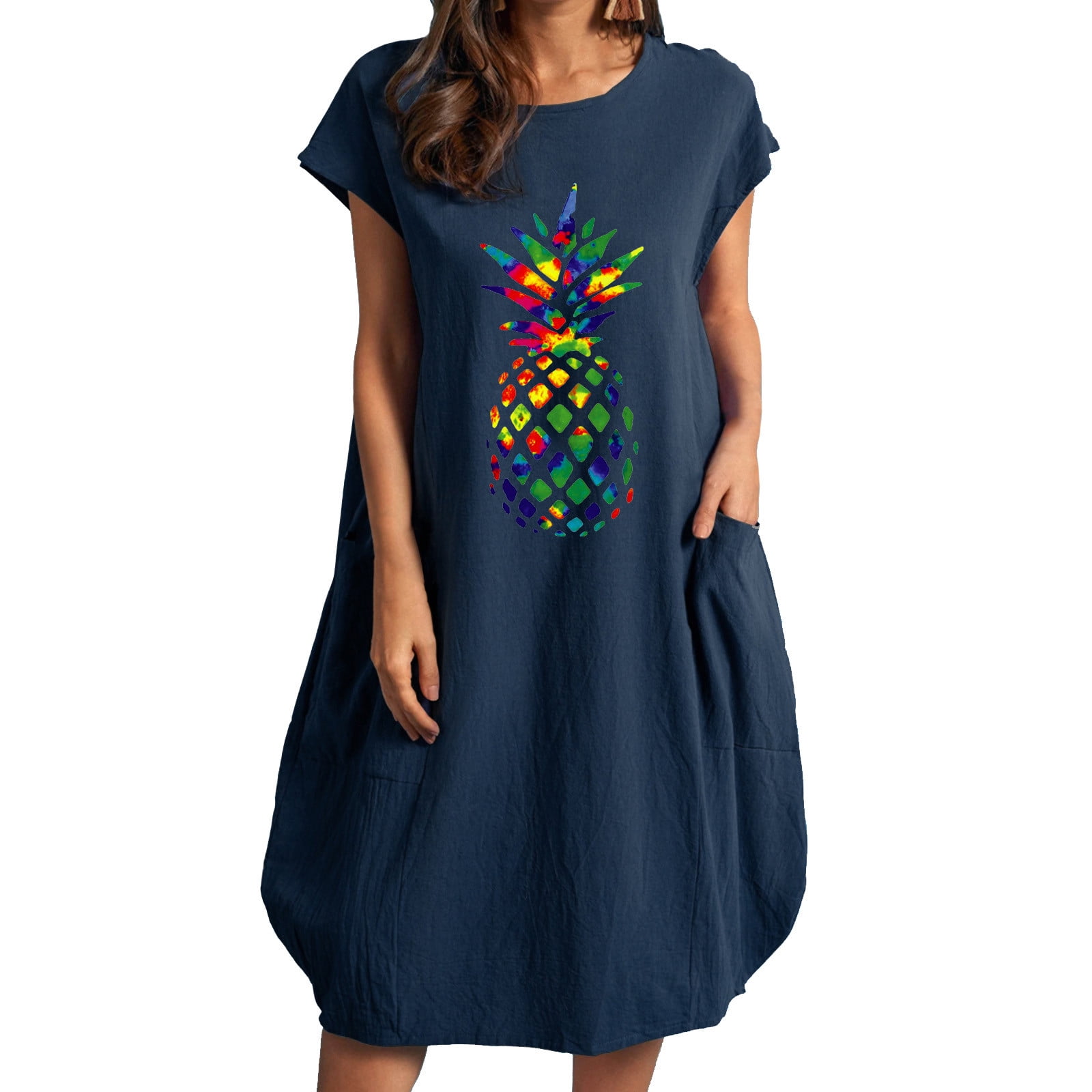 knee length dresses for ladies Pineapple Print Bow Shoulder Midi Dress main image 1