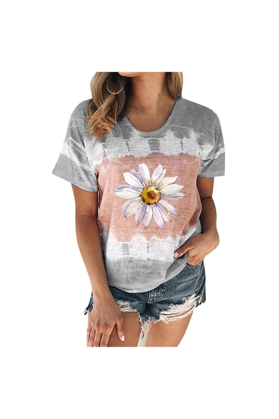 Plus Size Tops for Women Summer Casual Casual Round Neck Short Sleeve Printed Ladies Tops Blouse